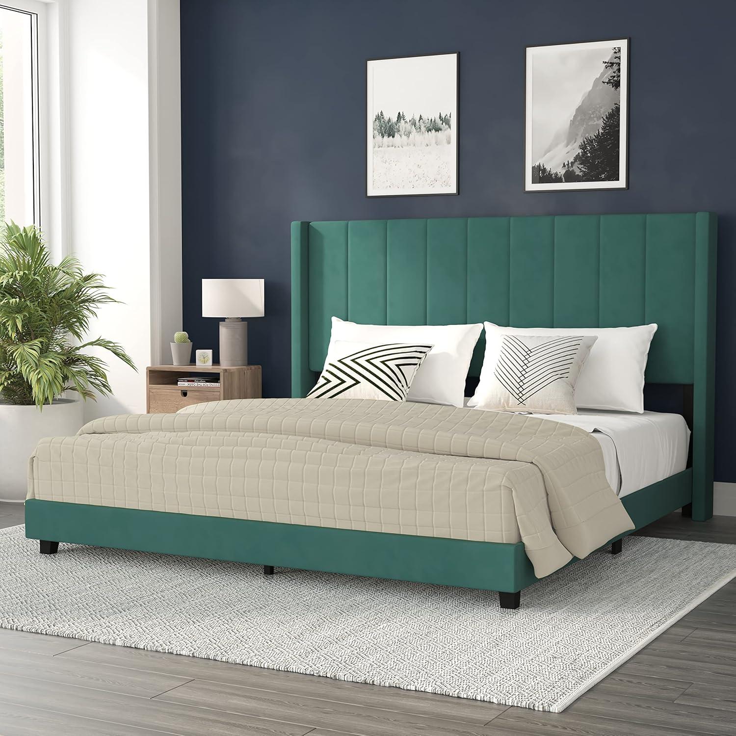 imageFlash Furniture Bianca Upholstered Platform Bed Emerald Velvet Upholstery Queen Wingback Headboard Slatted Mattress Foundation No Box Spring NeededEmerald Velvet