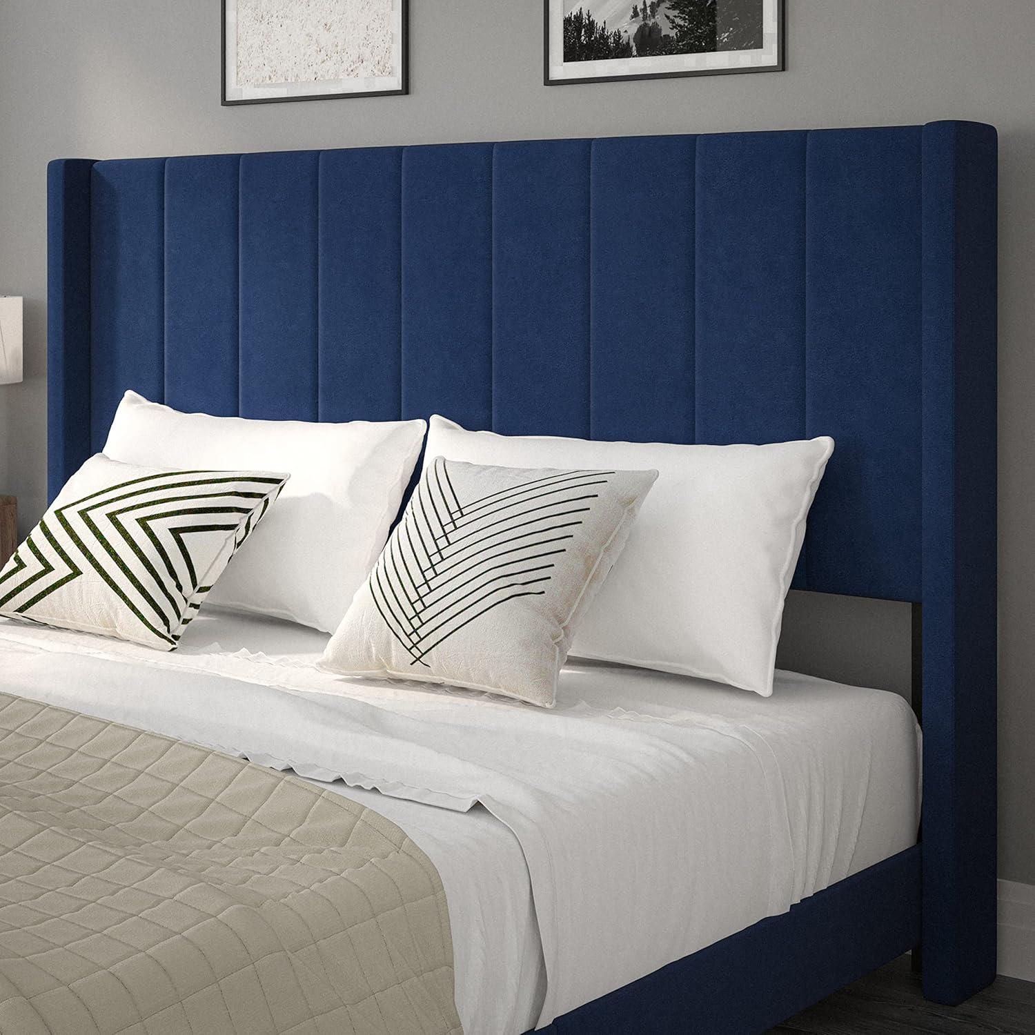 imageFlash Furniture Bianca Upholstered Platform Bed Emerald Velvet Upholstery Queen Wingback Headboard Slatted Mattress Foundation No Box Spring NeededNavy Velvet