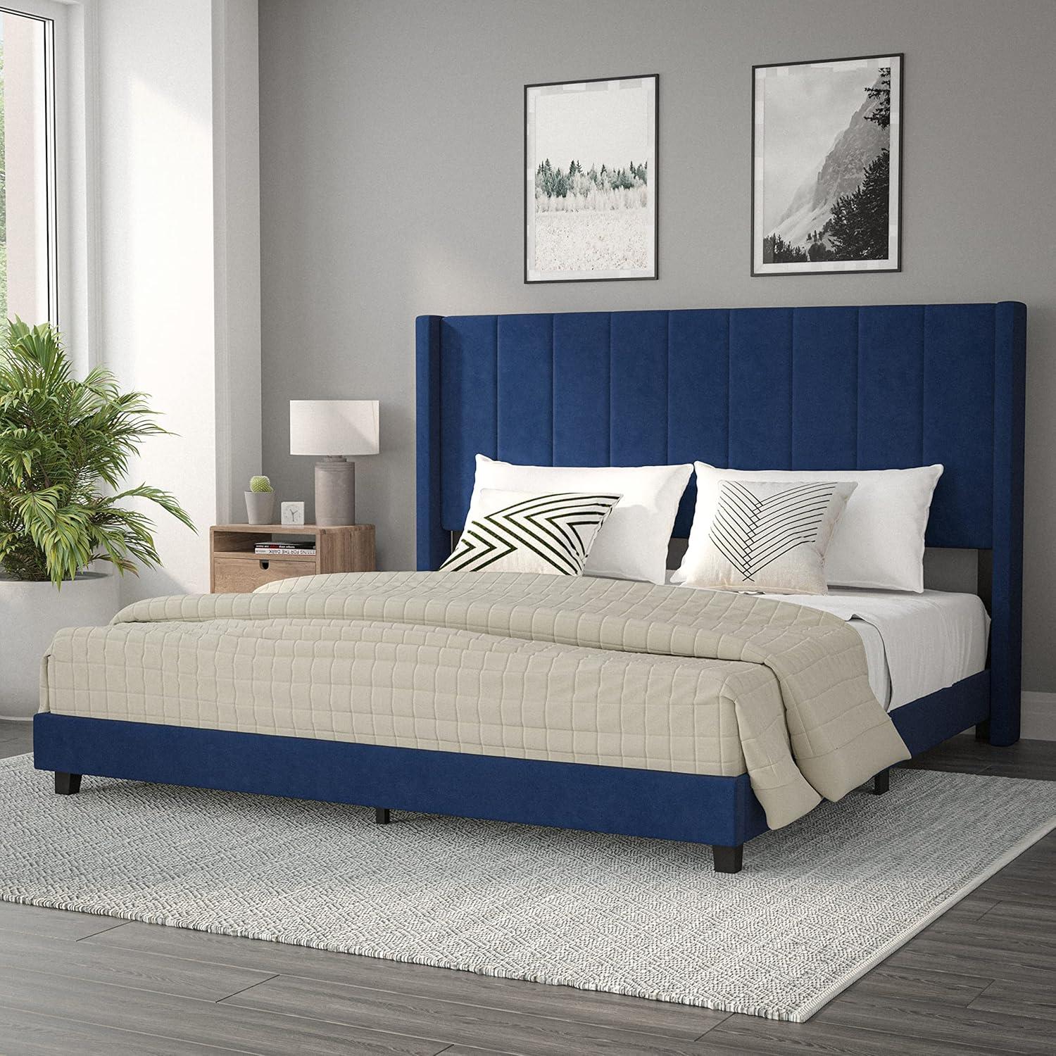 imageFlash Furniture Bianca Upholstered Platform Bed Emerald Velvet Upholstery Queen Wingback Headboard Slatted Mattress Foundation No Box Spring NeededNavy Velvet