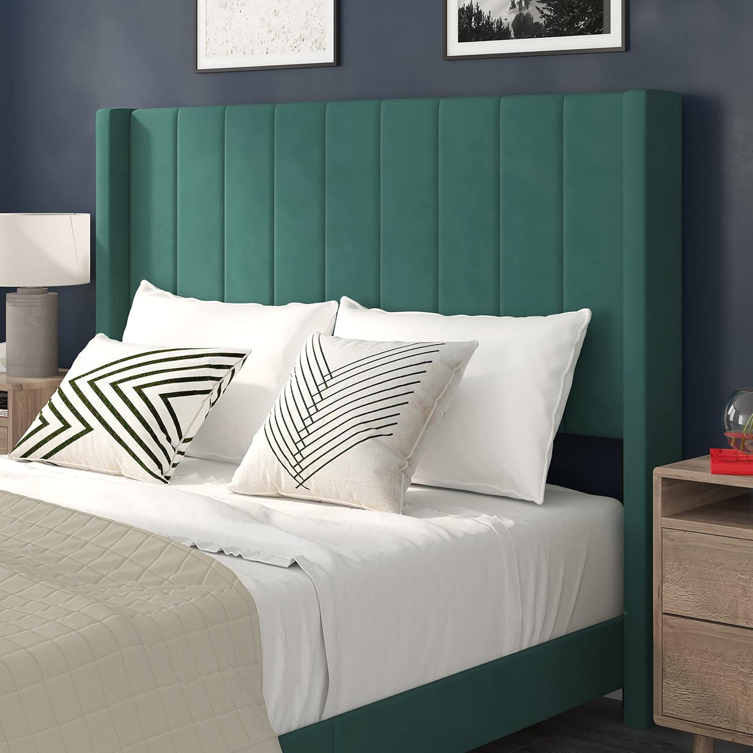 imageFlash Furniture Bianca Upholstered Platform Bed Emerald Velvet Upholstery Queen Wingback Headboard Slatted Mattress Foundation No Box Spring NeededEmerald Velvet