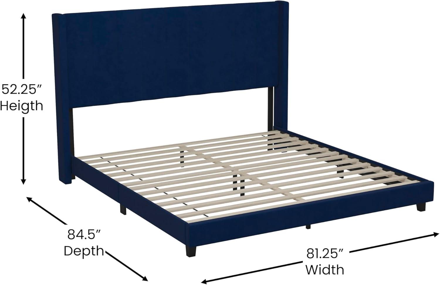 imageFlash Furniture Bianca Upholstered Platform Bed Emerald Velvet Upholstery Queen Wingback Headboard Slatted Mattress Foundation No Box Spring NeededNavy Velvet