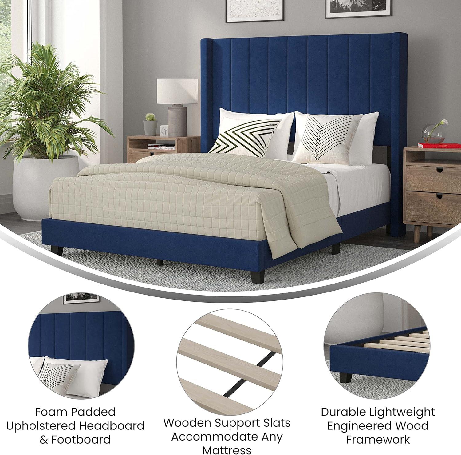 imageFlash Furniture Bianca Upholstered Platform Bed Emerald Velvet Upholstery Queen Wingback Headboard Slatted Mattress Foundation No Box Spring NeededNavy Velvet