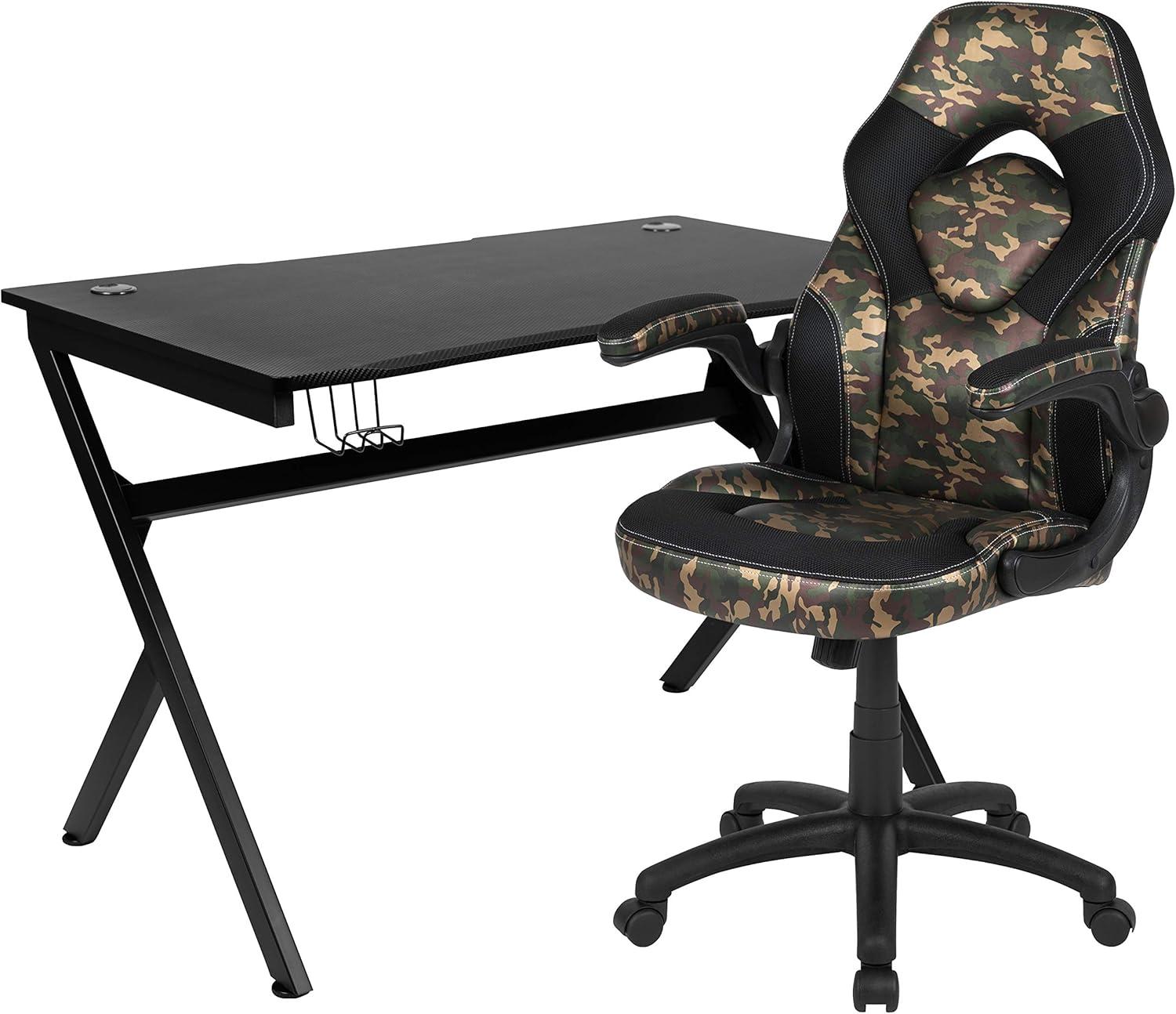imageFlash Furniture Black Gaming Desk and RedBlack Racing Chair Set with Cup Holder Headphone Hook and MonitorSmartphone StandCamouflage