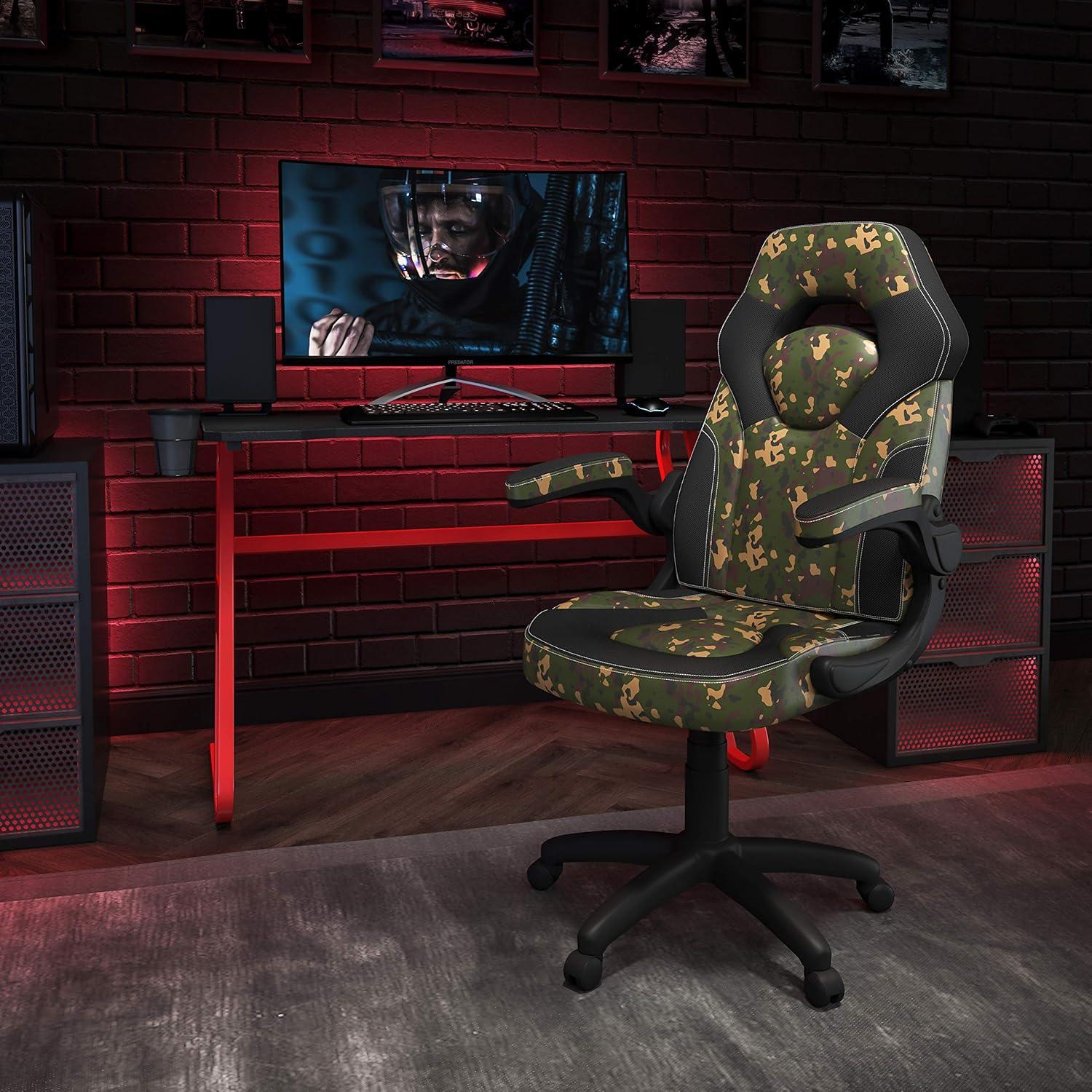 imageFlash Furniture Black Gaming Desk and RedBlack Racing Chair Set with Cup Holder Headphone Hook and MonitorSmartphone StandCamouflage
