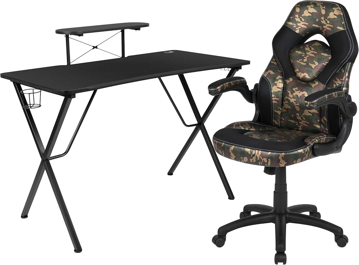 imageFlash Furniture Black Gaming Desk and RedBlack Racing Chair Set with Cup Holder Headphone Hook and MonitorSmartphone StandCamouflage