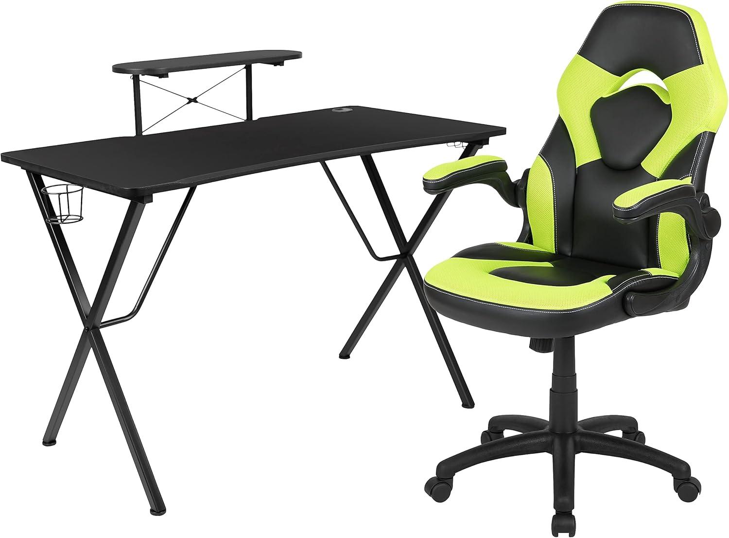 imageFlash Furniture Black Gaming Desk and RedBlack Racing Chair Set with Cup Holder Headphone Hook and MonitorSmartphone StandGreen