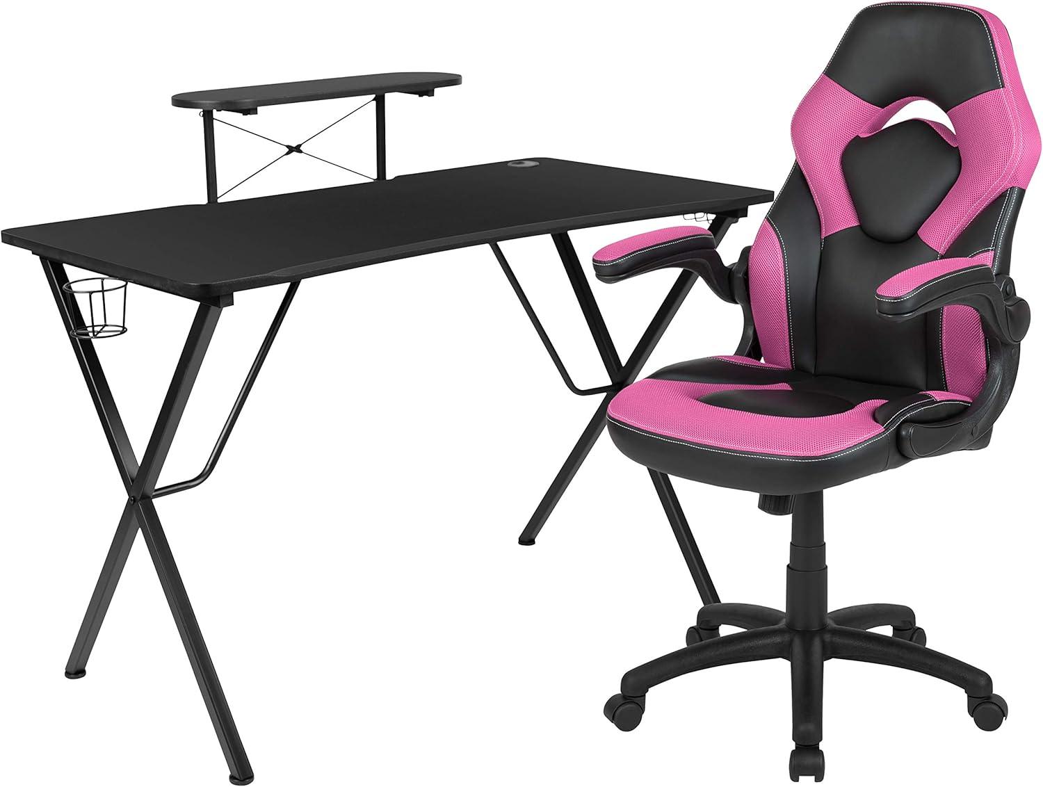 imageFlash Furniture Black Gaming Desk and RedBlack Racing Chair Set with Cup Holder Headphone Hook and MonitorSmartphone StandPink