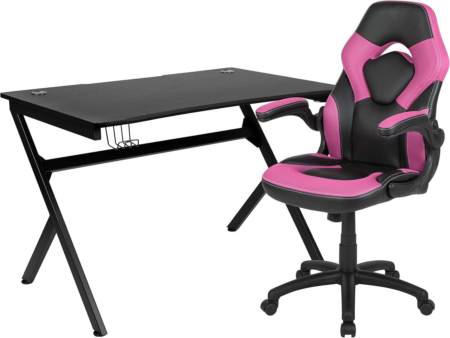 imageFlash Furniture Black Gaming Desk and RedBlack Racing Chair Set with Cup Holder Headphone Hook and MonitorSmartphone StandPink