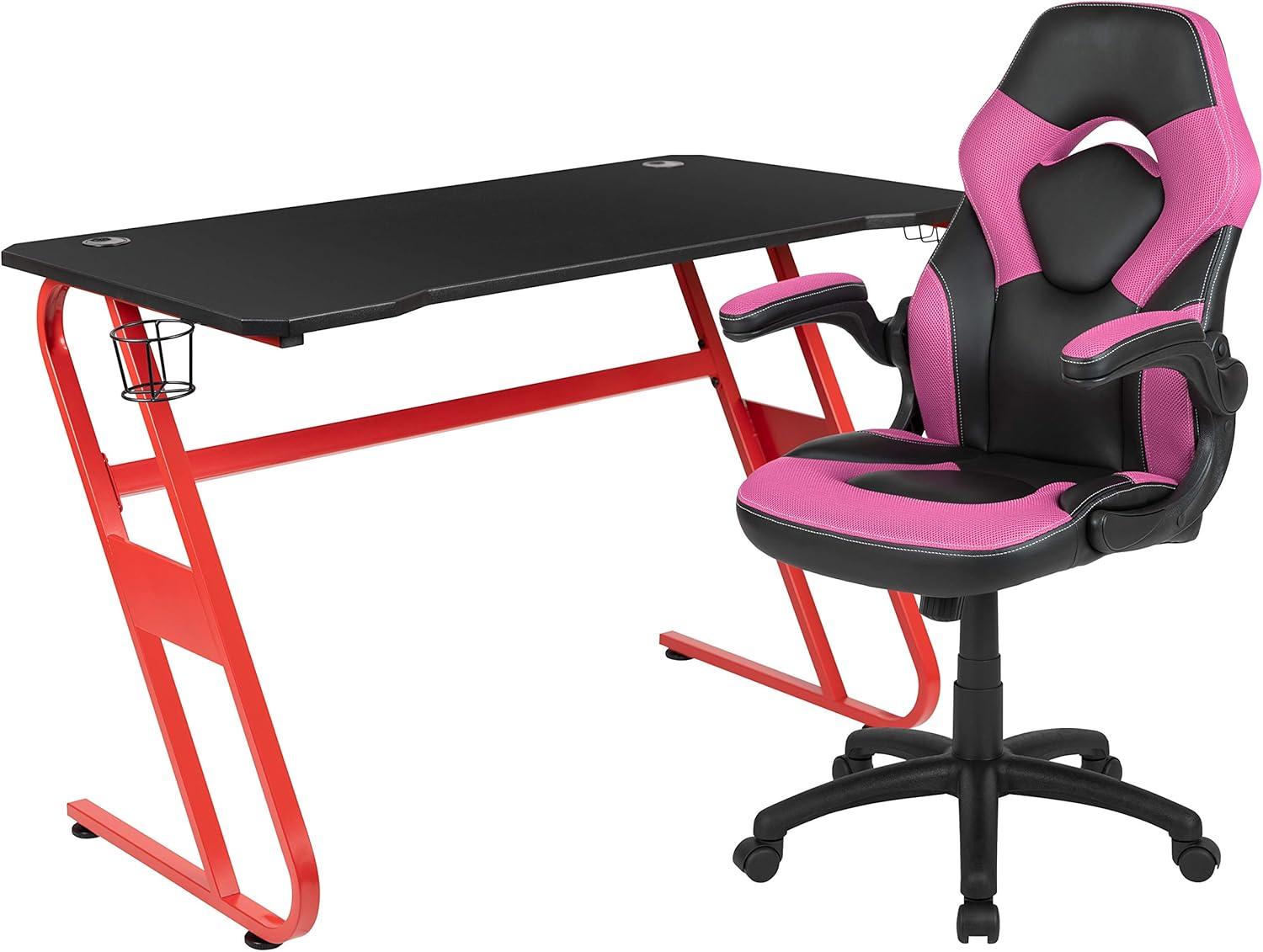 imageFlash Furniture Black Gaming Desk and RedBlack Racing Chair Set with Cup Holder Headphone Hook and MonitorSmartphone StandPink
