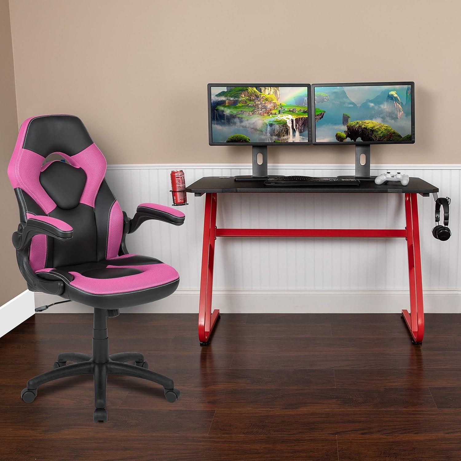 imageFlash Furniture Black Gaming Desk and RedBlack Racing Chair Set with Cup Holder Headphone Hook and MonitorSmartphone StandPink