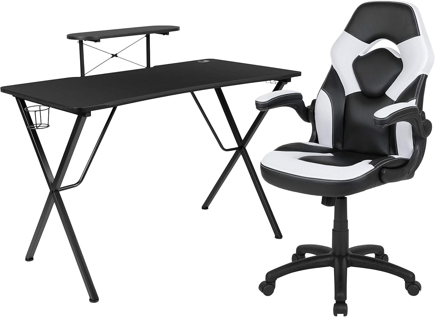 imageFlash Furniture Black Gaming Desk and RedBlack Racing Chair Set with Cup Holder Headphone Hook and MonitorSmartphone StandWhite