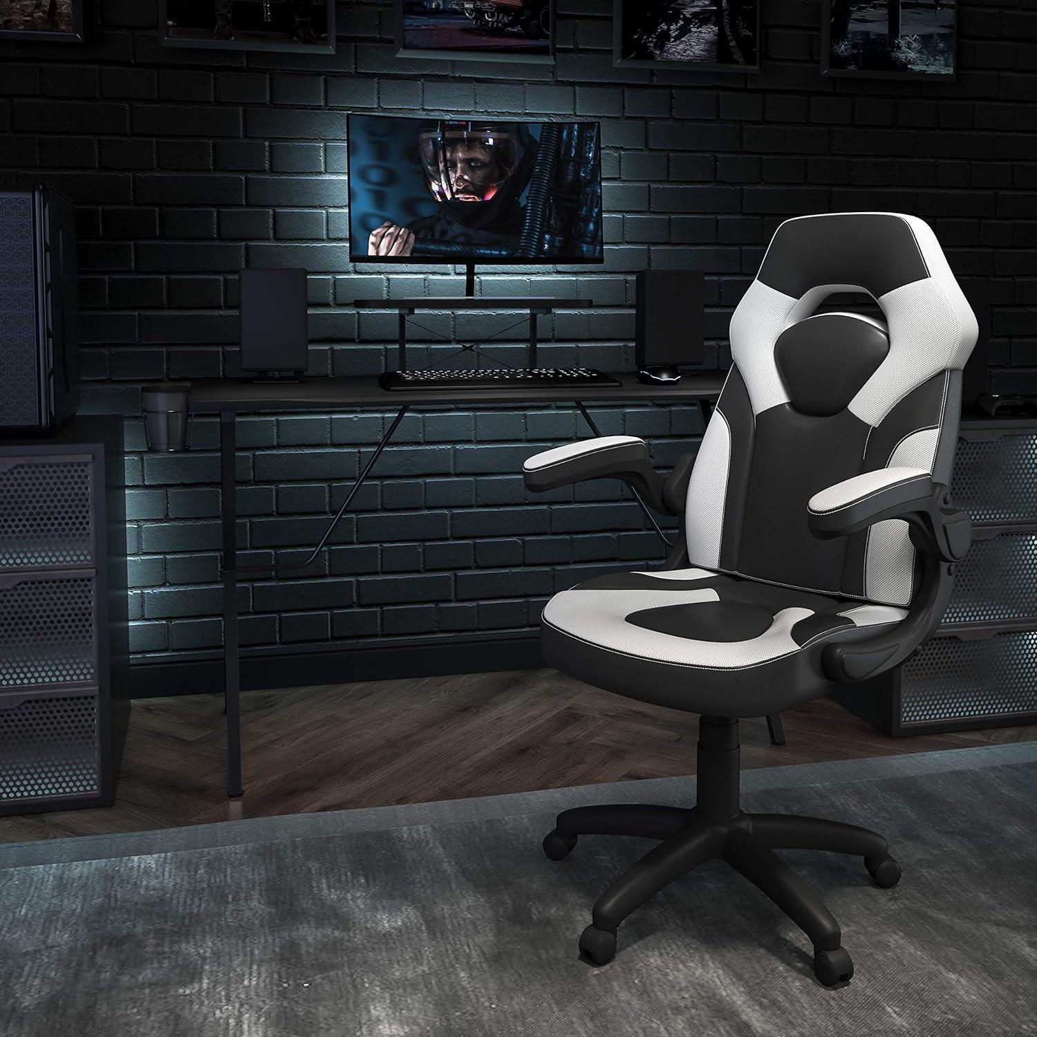 imageFlash Furniture Black Gaming Desk and RedBlack Racing Chair Set with Cup Holder Headphone Hook and MonitorSmartphone StandWhite