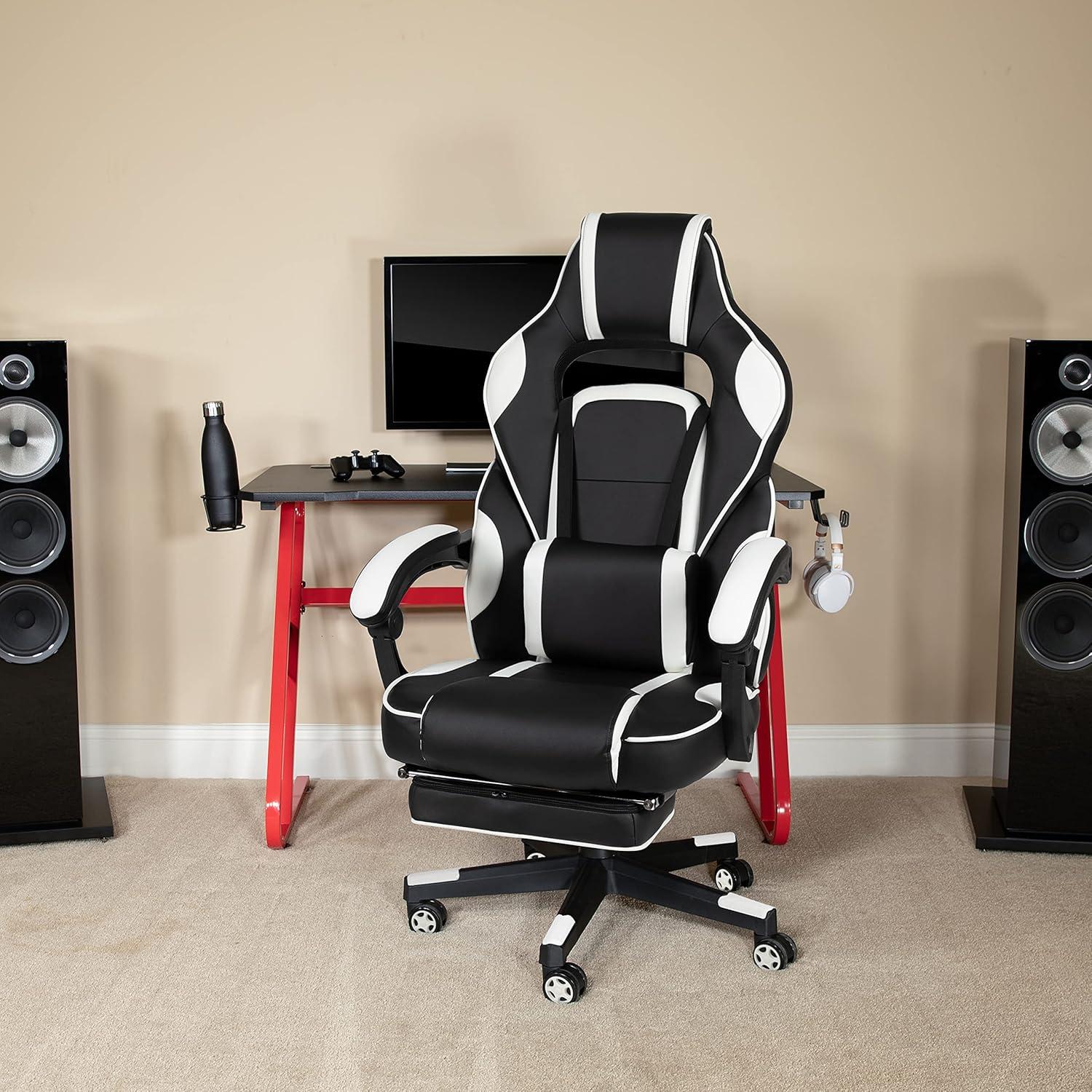 imageFlash Furniture Black Gaming Desk and RedBlack Racing Chair Set with Cup Holder Headphone Hook and MonitorSmartphone StandWhite