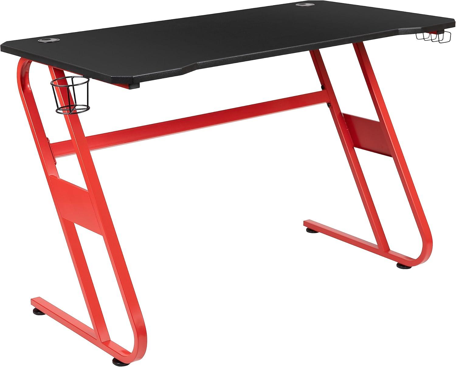 imageFlash Furniture Black Gaming Desk and RedBlack Racing Chair Set with Cup Holder Headphone Hook and MonitorSmartphone StandWhite