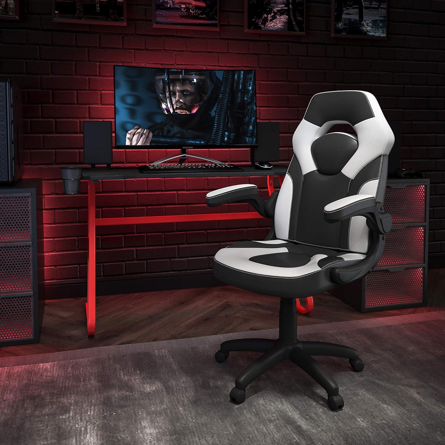 imageFlash Furniture Black Gaming Desk and RedBlack Racing Chair Set with Cup Holder Headphone Hook and MonitorSmartphone StandWhite