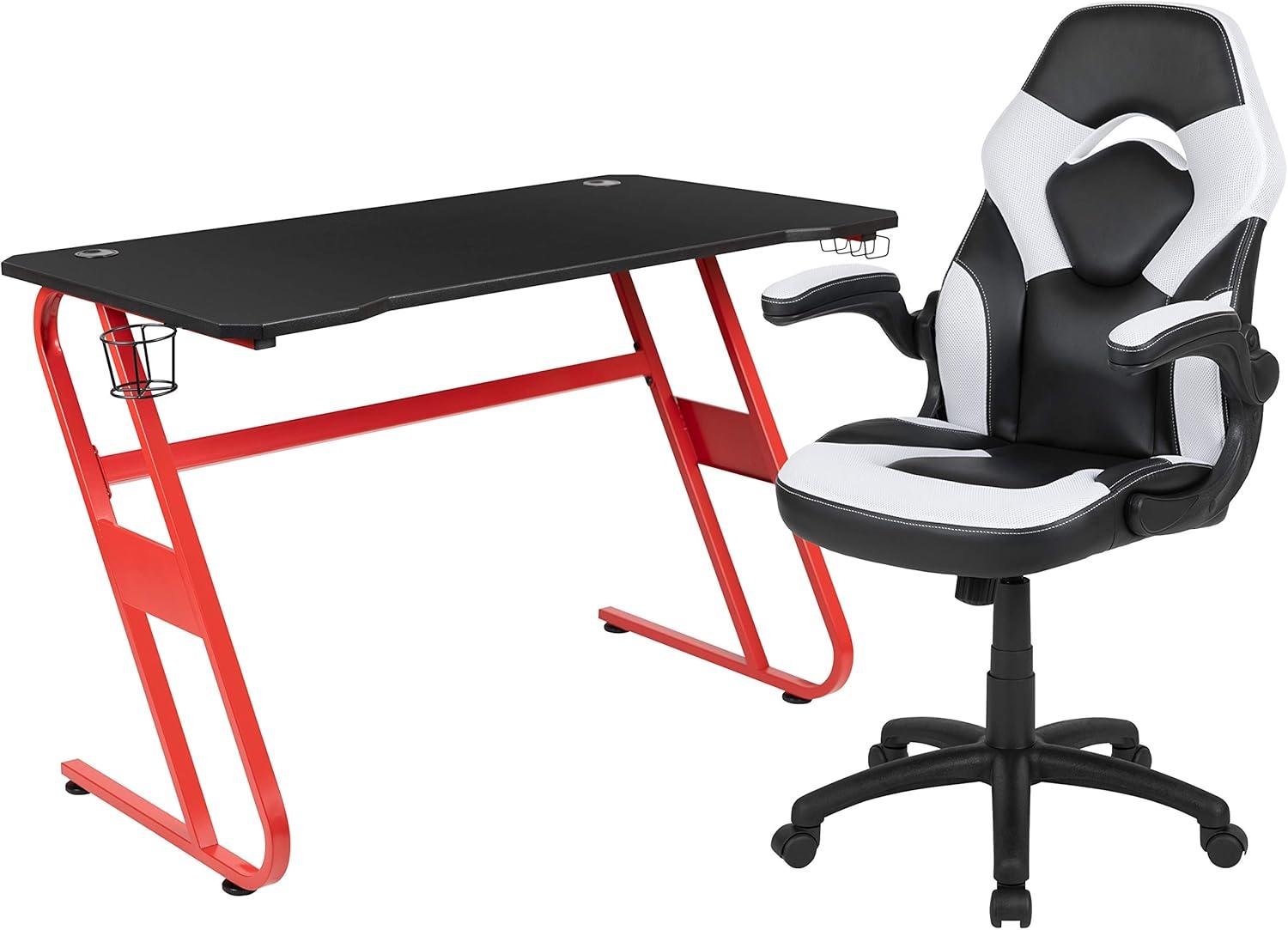 imageFlash Furniture Black Gaming Desk and RedBlack Racing Chair Set with Cup Holder Headphone Hook and MonitorSmartphone StandWhite