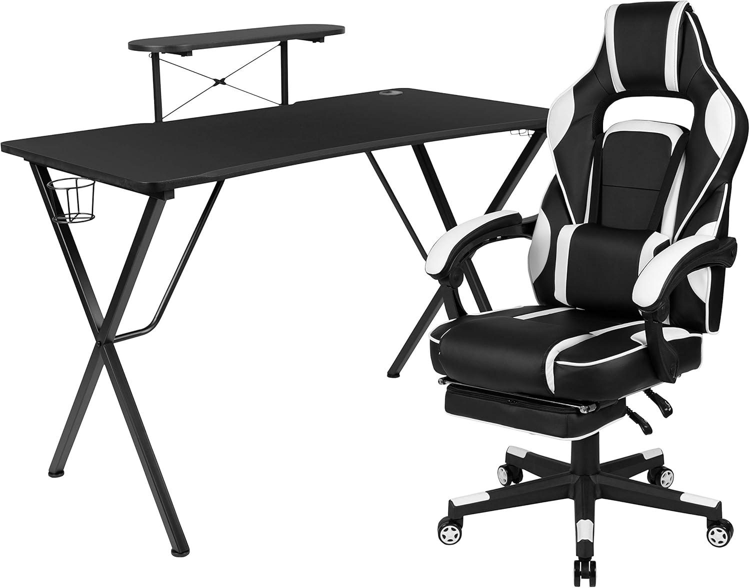 imageFlash Furniture Black Gaming Desk and RedBlack Racing Chair Set with Cup Holder Headphone Hook and MonitorSmartphone StandWhite