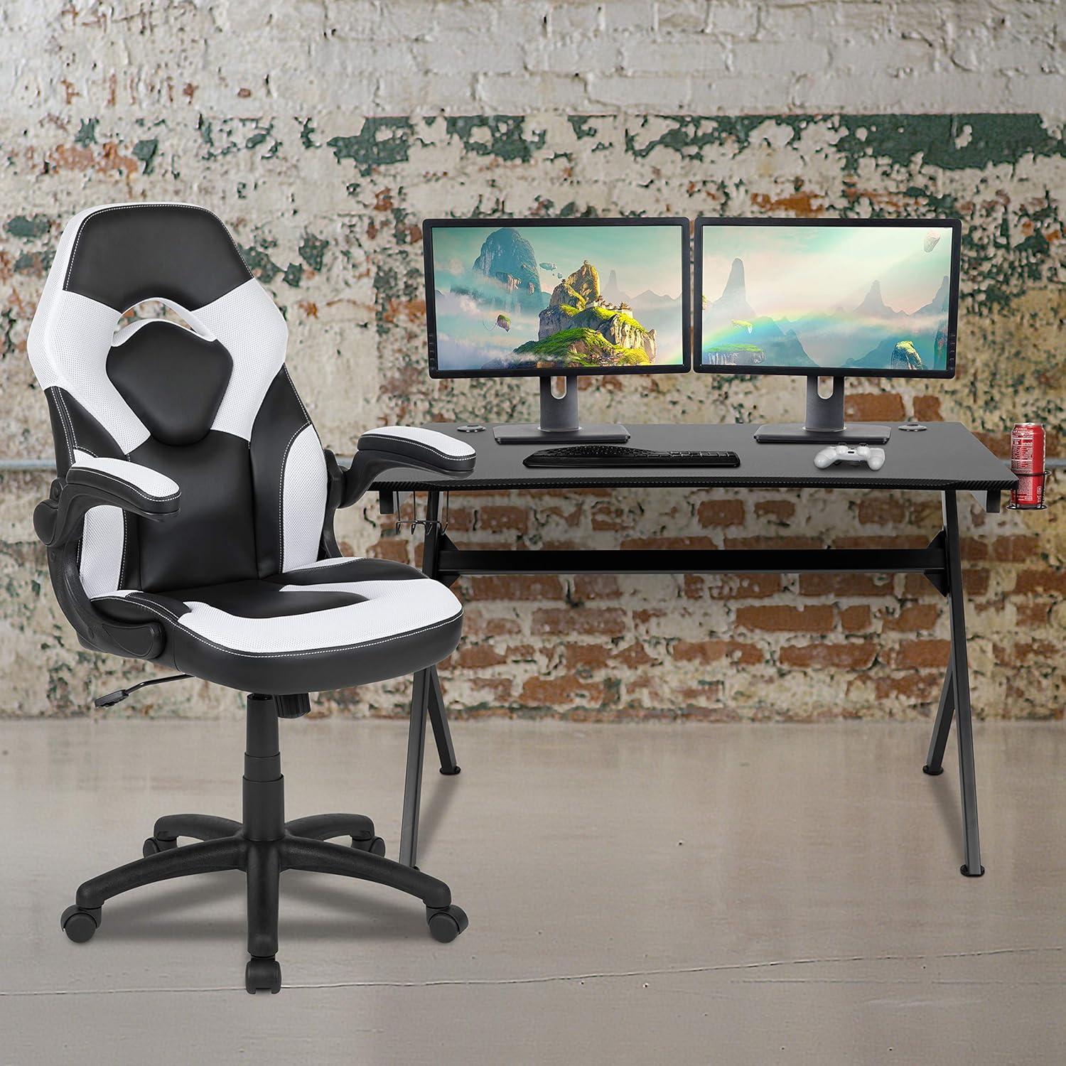 imageFlash Furniture Black Gaming Desk and RedBlack Racing Chair Set with Cup Holder Headphone Hook and MonitorSmartphone StandWhite
