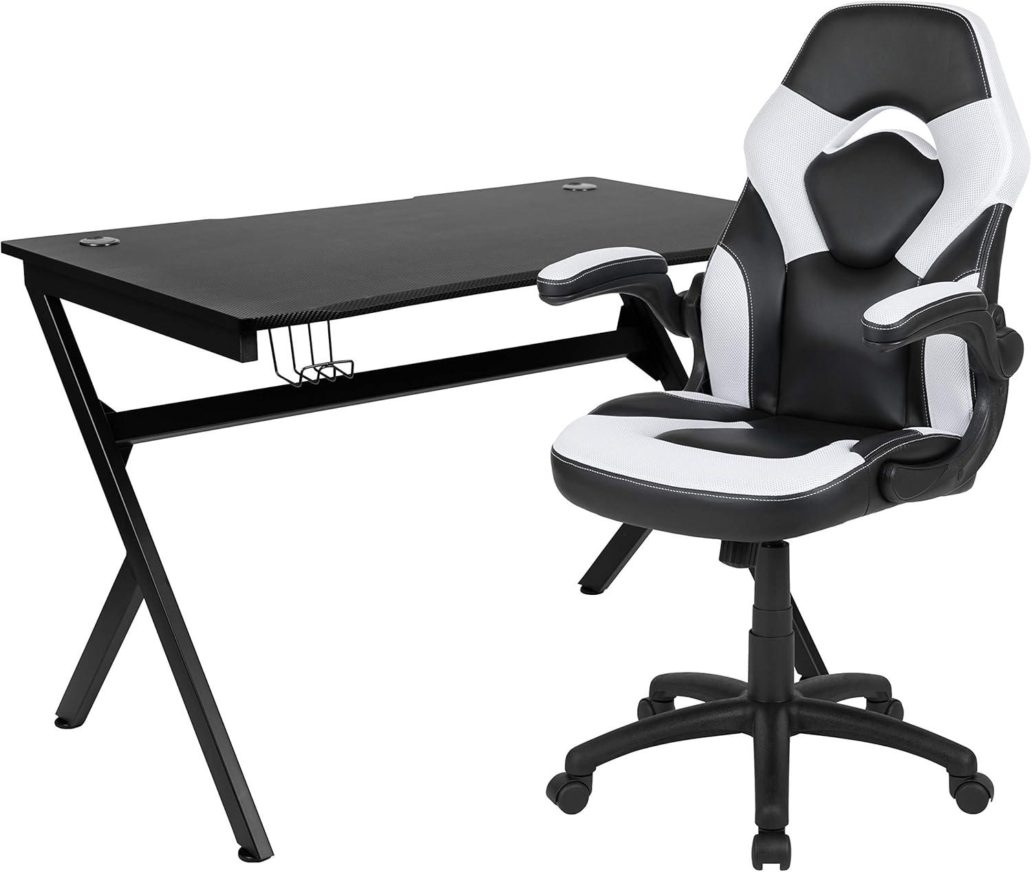 imageFlash Furniture Black Gaming Desk and RedBlack Racing Chair Set with Cup Holder Headphone Hook and MonitorSmartphone StandWhite