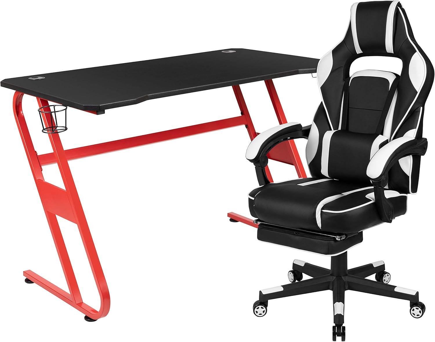 imageFlash Furniture Black Gaming Desk and RedBlack Racing Chair Set with Cup Holder Headphone Hook and MonitorSmartphone StandWhite