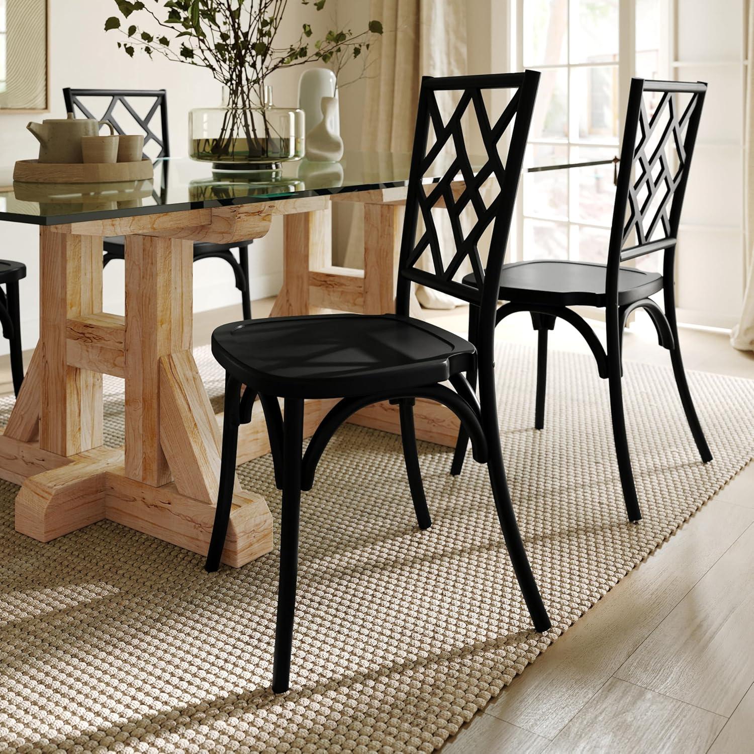imageFlash Furniture Brooklyn Commercial Solid Wood Dining Chair Stackable Design Intricate Back Mortise and Tenon 350 lbs Static Weight Capacity Set of 2 WhiteBlack