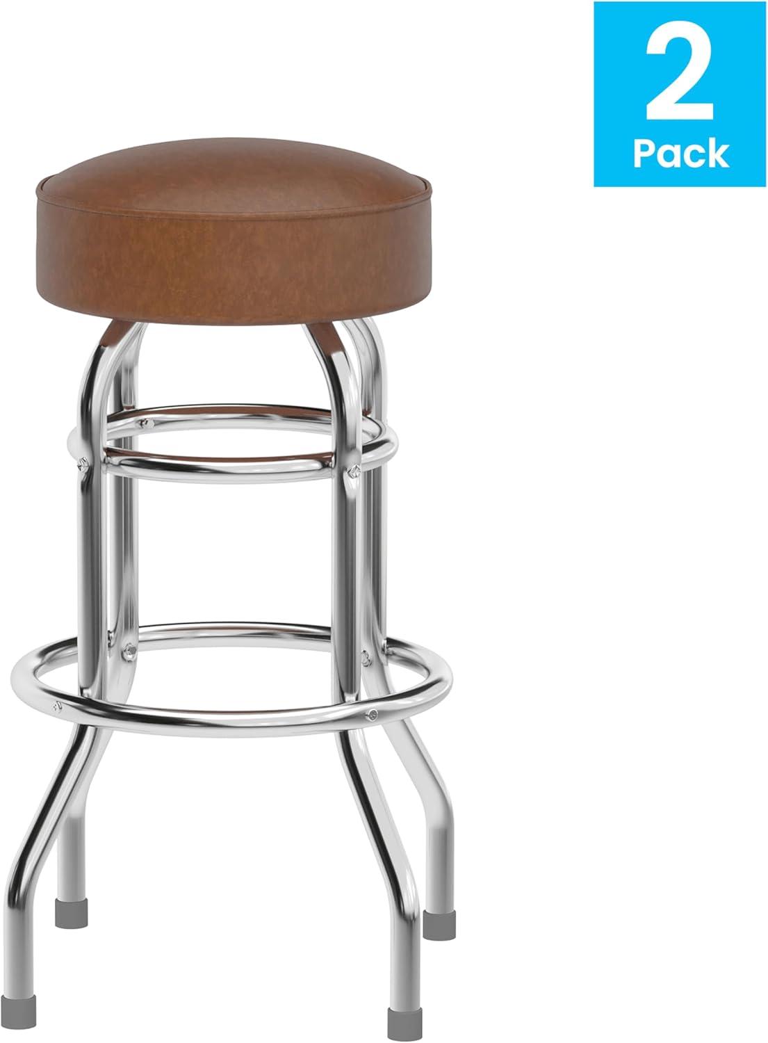 imageFlash Furniture Bruno Double Ring Chrome Backless Barstool with Black Upholstered Seat and Integrated FootrestWeathered Brown