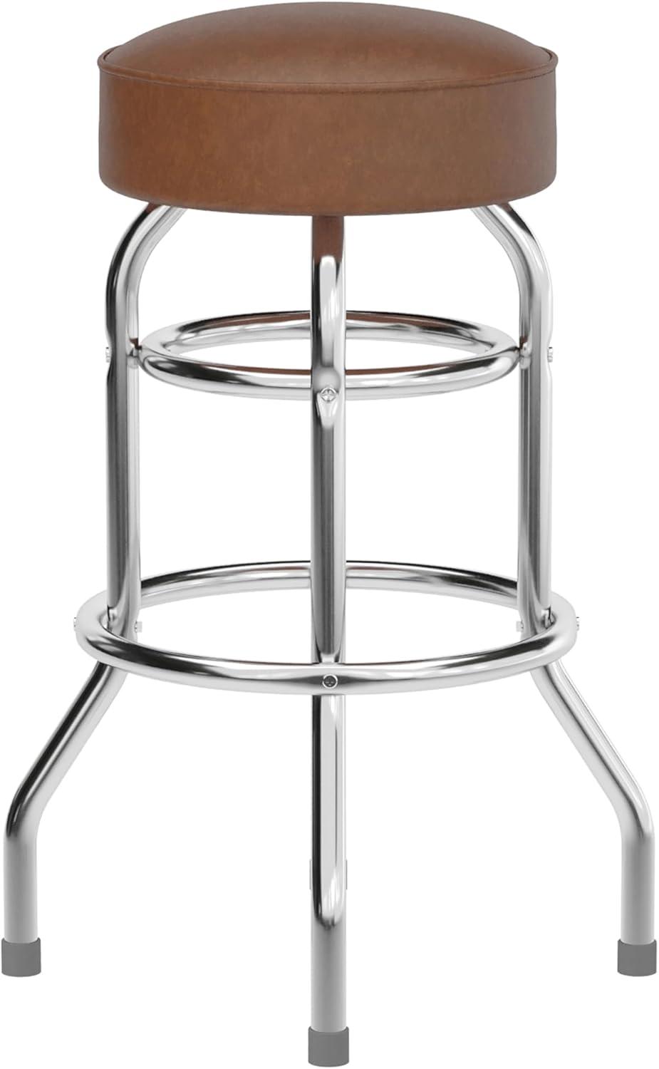imageFlash Furniture Bruno Double Ring Chrome Backless Barstool with Black Upholstered Seat and Integrated FootrestWeathered Brown