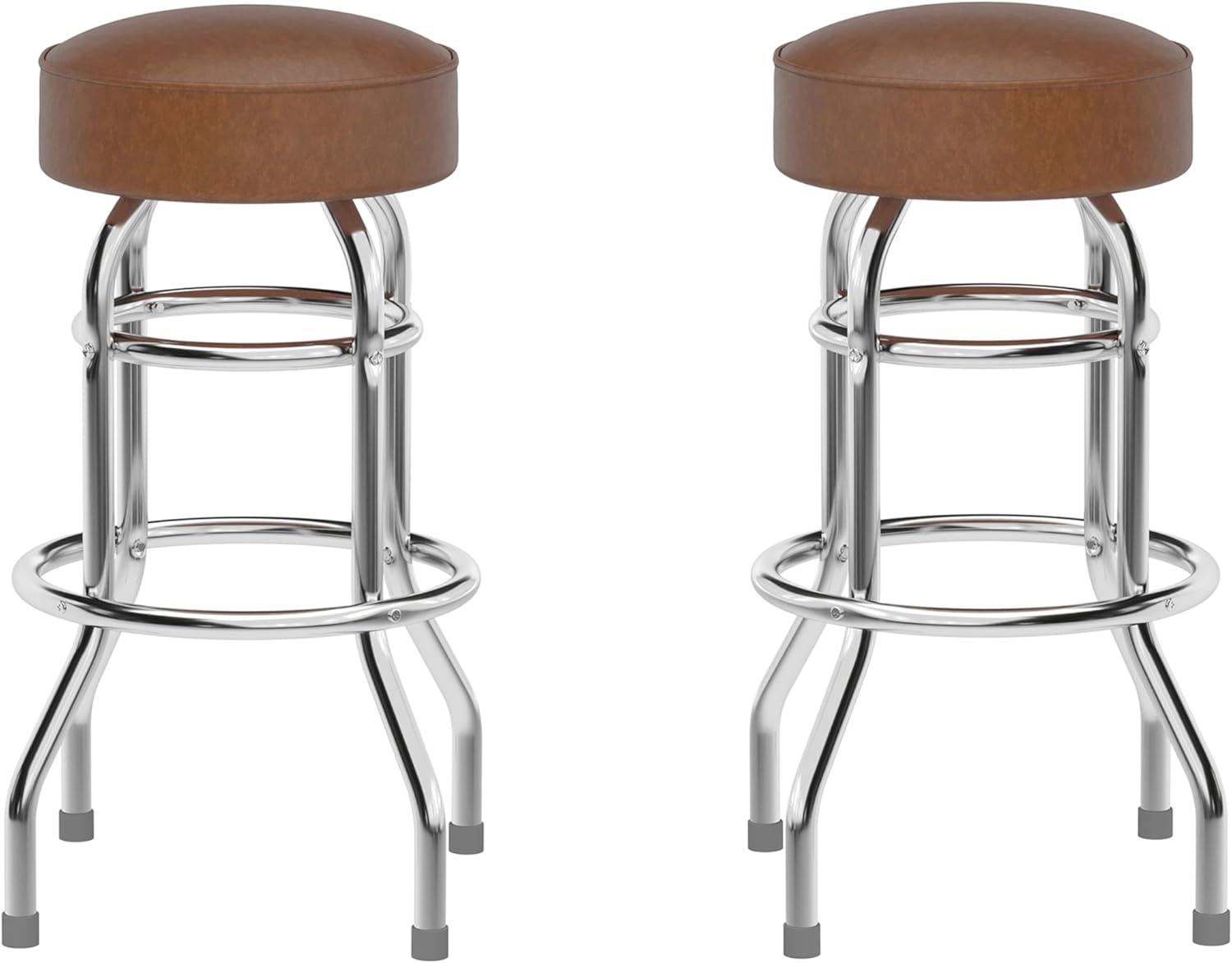 imageFlash Furniture Bruno Double Ring Chrome Backless Barstool with Black Upholstered Seat and Integrated FootrestWeathered Brown