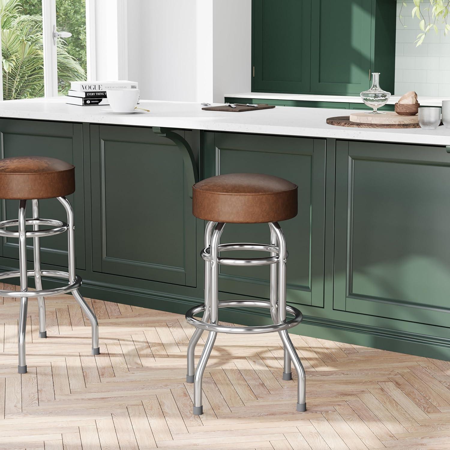 imageFlash Furniture Bruno Double Ring Chrome Backless Barstool with Black Upholstered Seat and Integrated FootrestWeathered Brown
