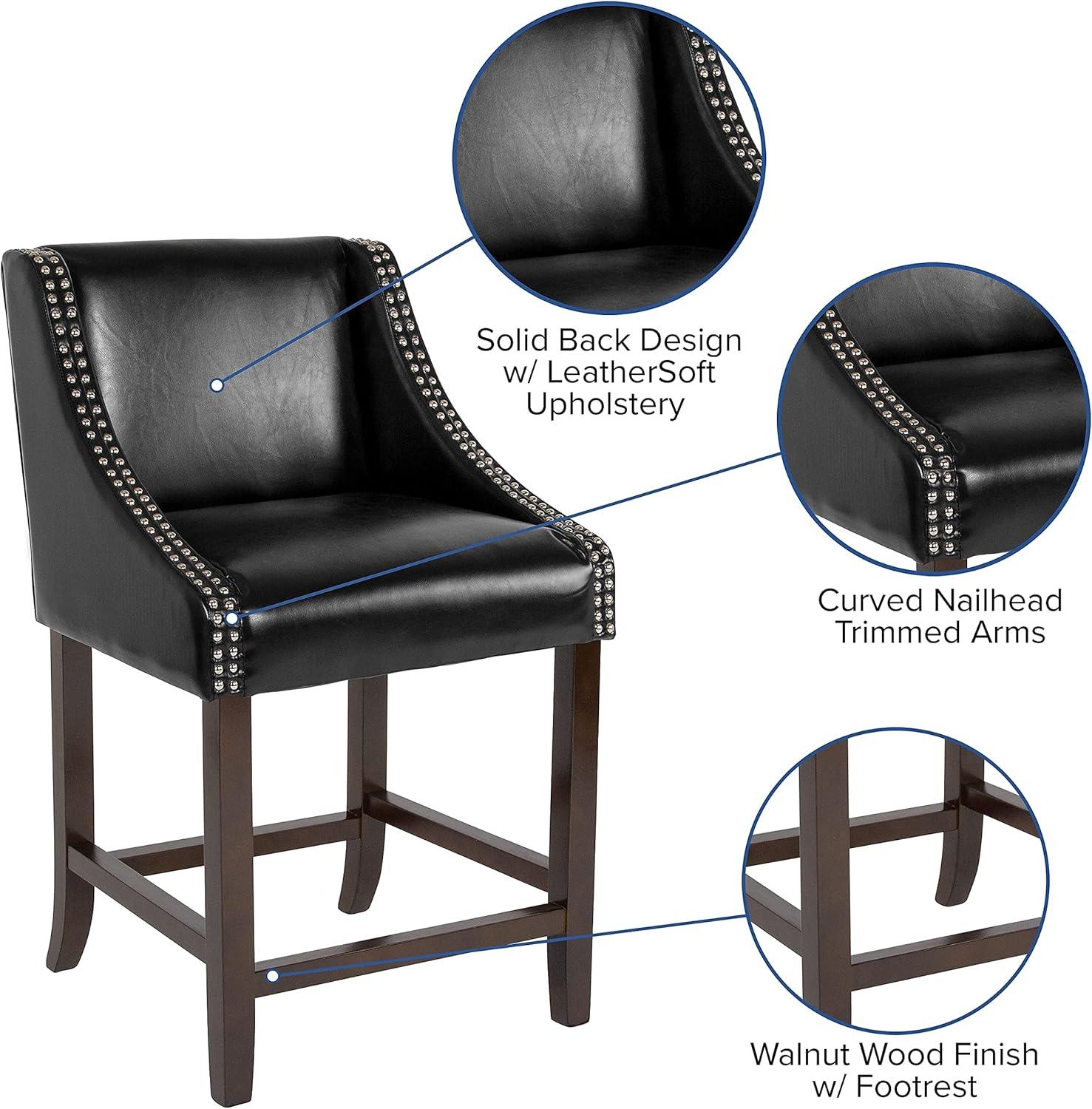 imageFlash Furniture Carmel Series 24quot High Transitional Walnut Counter Height Stool with Nail Trim in Dark Gray Fabric Set of 2Black Leathersoft