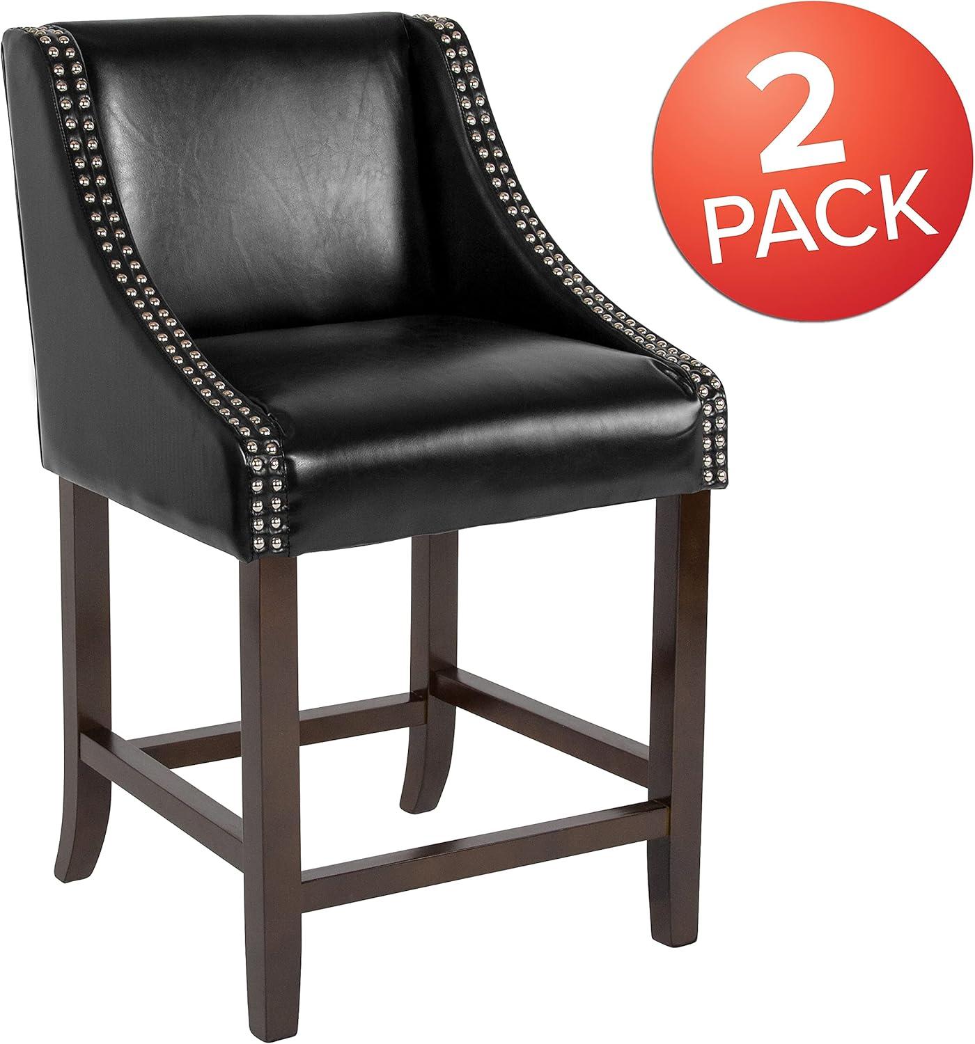 imageFlash Furniture Carmel Series 24quot High Transitional Walnut Counter Height Stool with Nail Trim in Dark Gray Fabric Set of 2Black Leathersoft