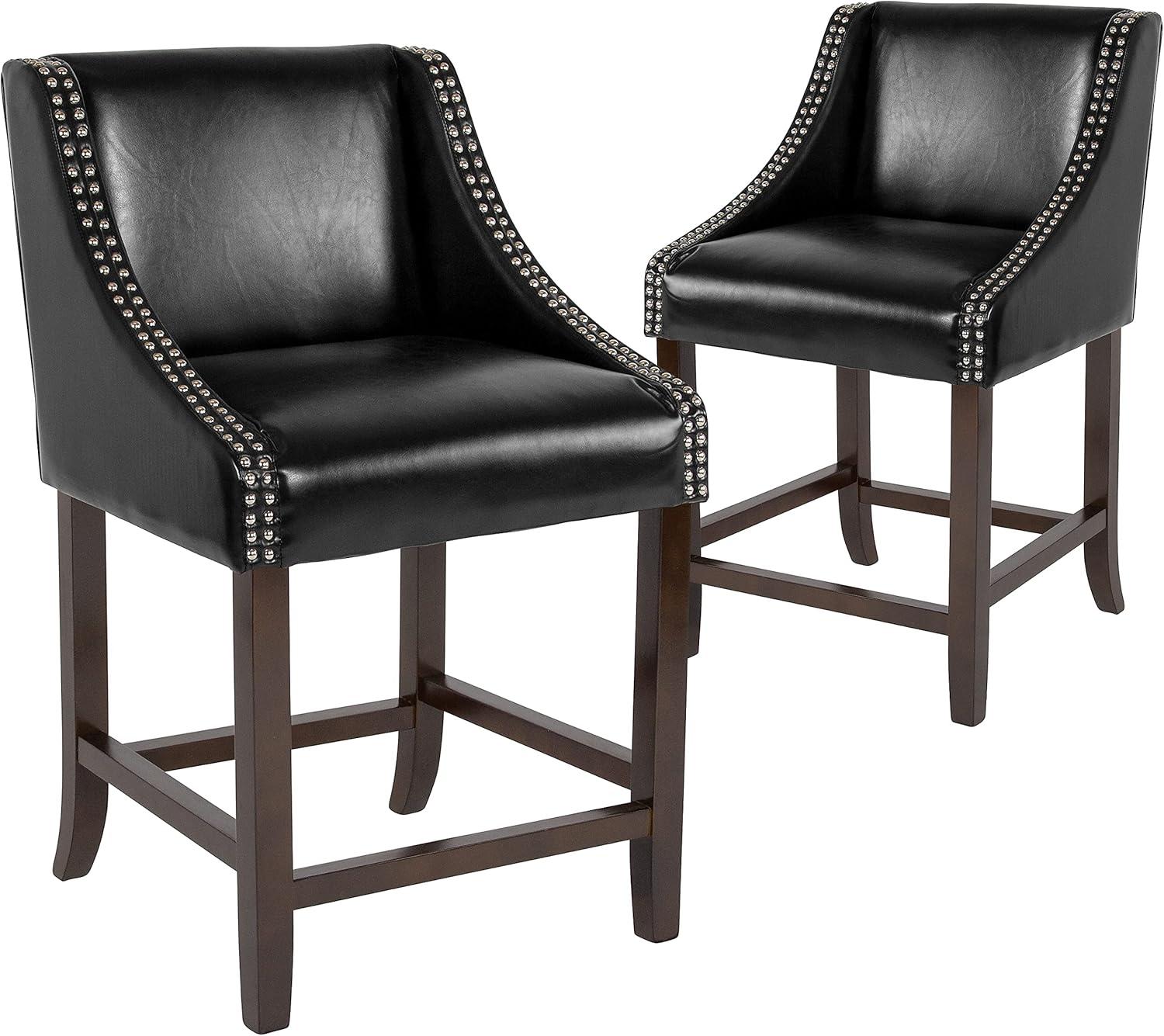 imageFlash Furniture Carmel Series 24quot High Transitional Walnut Counter Height Stool with Nail Trim in Dark Gray Fabric Set of 2Black Leathersoft
