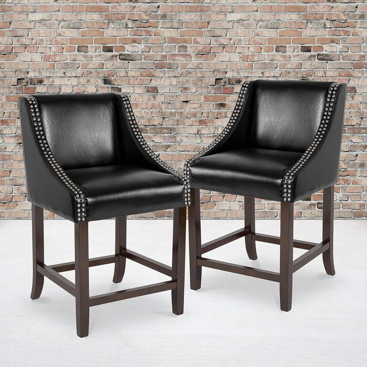 imageFlash Furniture Carmel Series 24quot High Transitional Walnut Counter Height Stool with Nail Trim in Dark Gray Fabric Set of 2Black Leathersoft