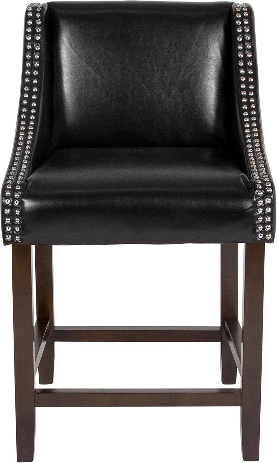 imageFlash Furniture Carmel Series 24quot High Transitional Walnut Counter Height Stool with Nail Trim in Dark Gray Fabric Set of 2Black Leathersoft