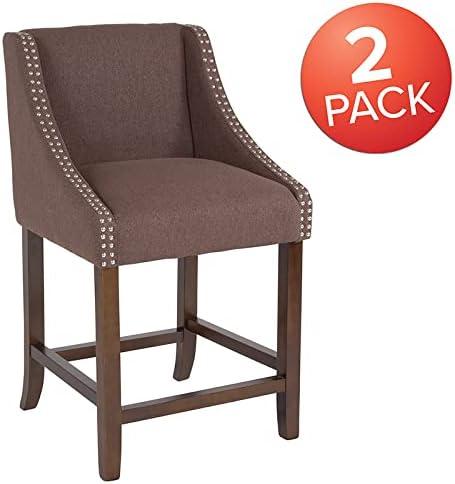 imageFlash Furniture Carmel Series 24quot High Transitional Walnut Counter Height Stool with Nail Trim in Dark Gray Fabric Set of 2Brown Fabric