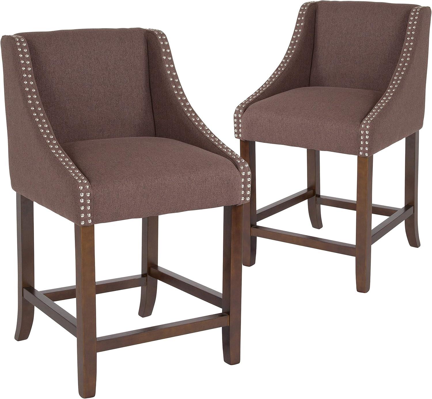imageFlash Furniture Carmel Series 24quot High Transitional Walnut Counter Height Stool with Nail Trim in Dark Gray Fabric Set of 2Brown Fabric