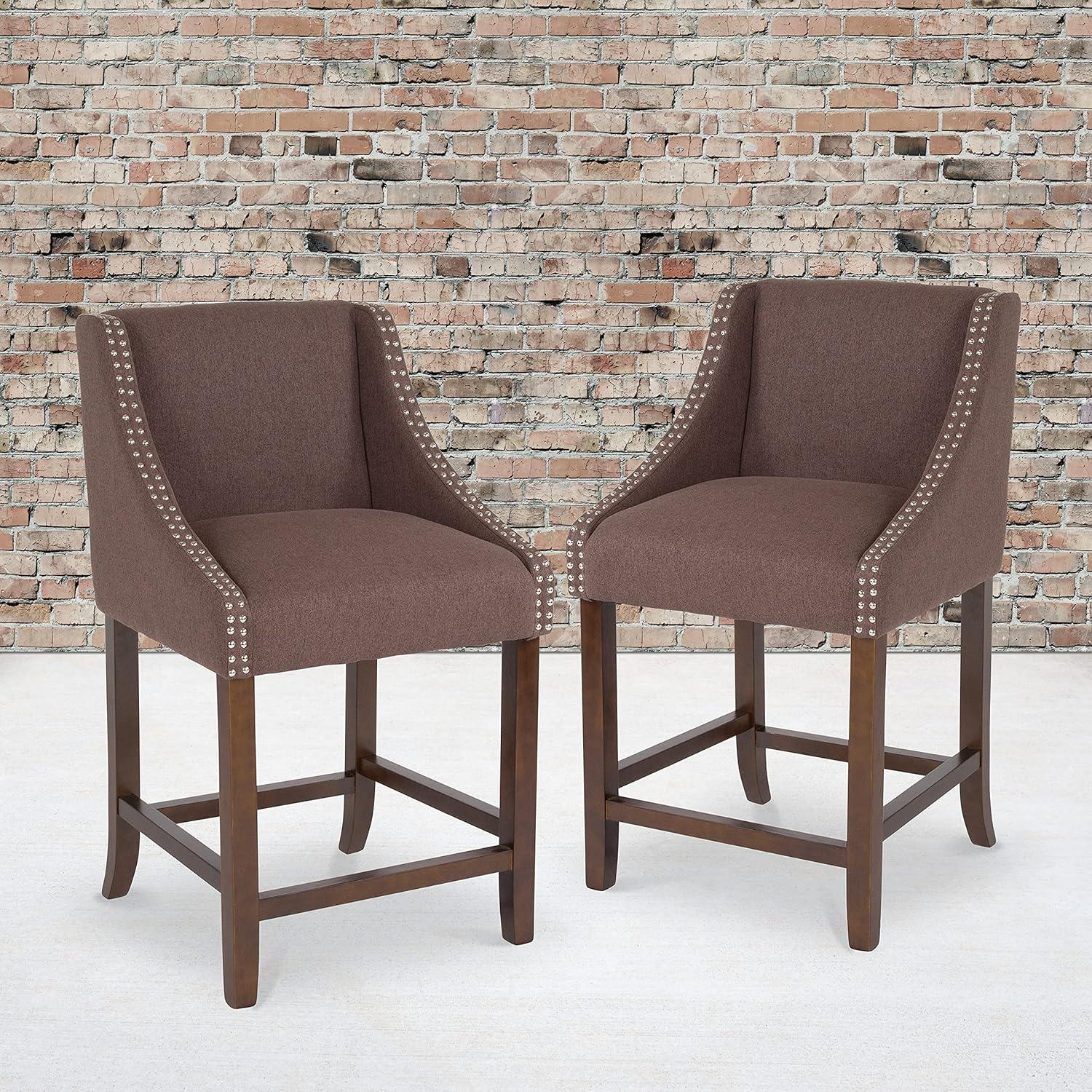 imageFlash Furniture Carmel Series 24quot High Transitional Walnut Counter Height Stool with Nail Trim in Dark Gray Fabric Set of 2Brown Fabric