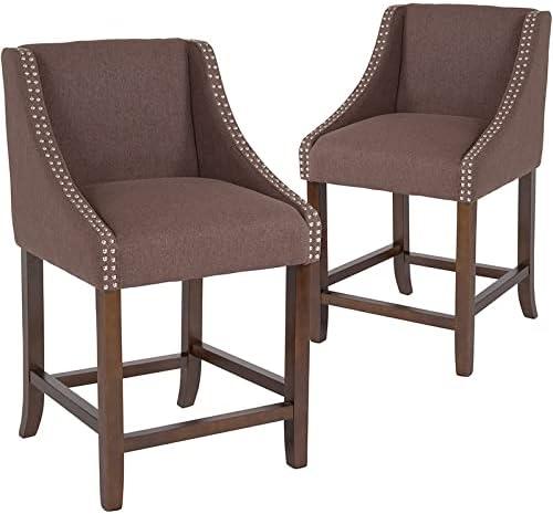 imageFlash Furniture Carmel Series 24quot High Transitional Walnut Counter Height Stool with Nail Trim in Dark Gray Fabric Set of 2Brown Fabric