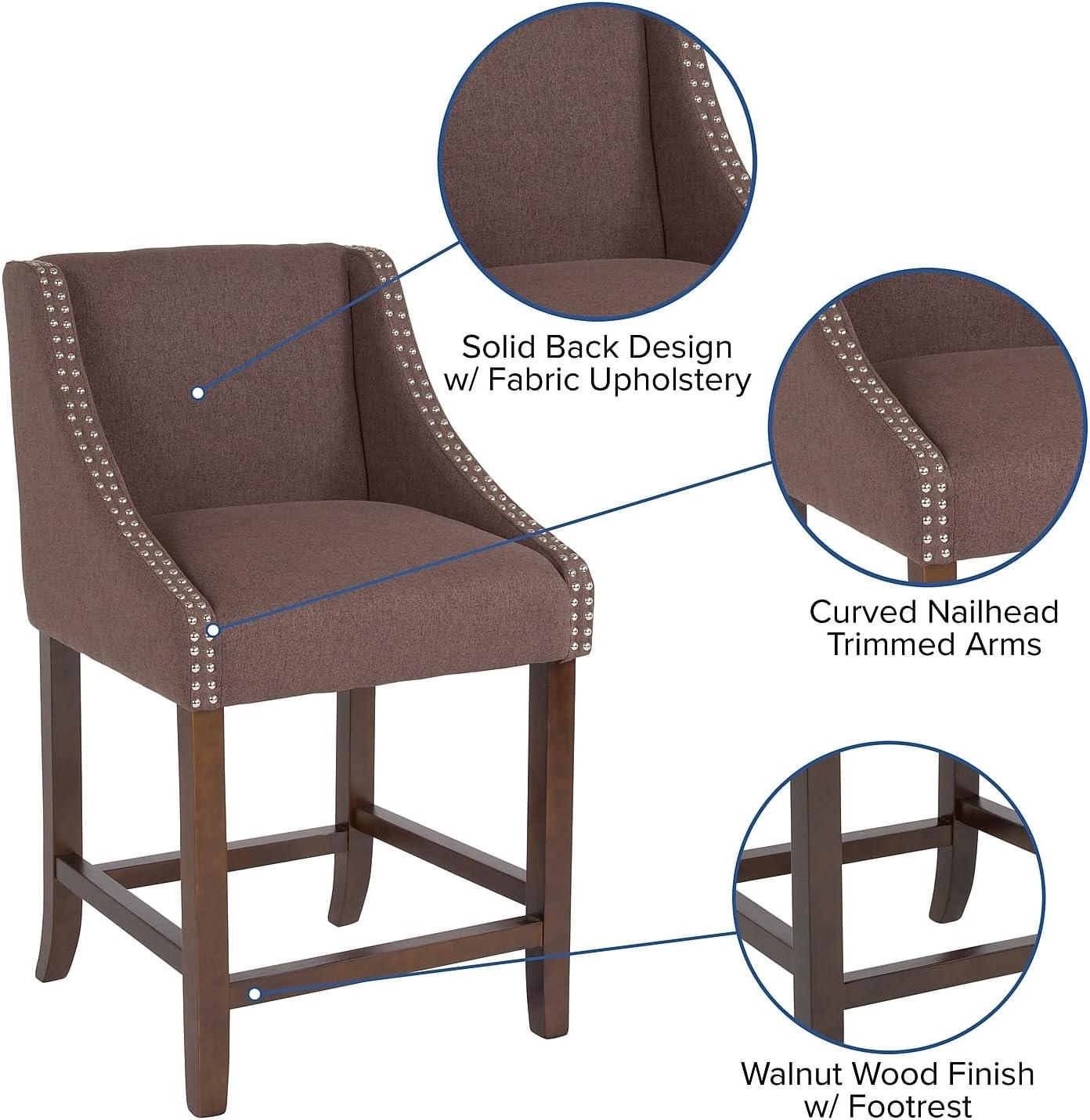 imageFlash Furniture Carmel Series 24quot High Transitional Walnut Counter Height Stool with Nail Trim in Dark Gray Fabric Set of 2Brown Fabric
