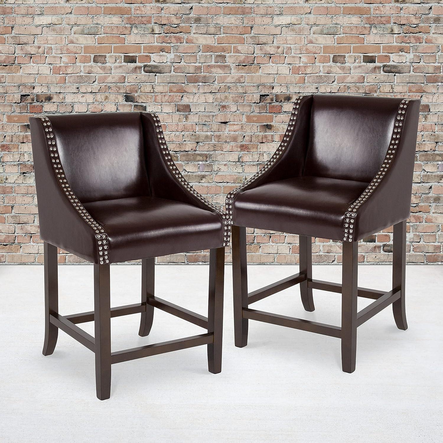 imageFlash Furniture Carmel Series 24quot High Transitional Walnut Counter Height Stool with Nail Trim in Dark Gray Fabric Set of 2Brown Leathersoft