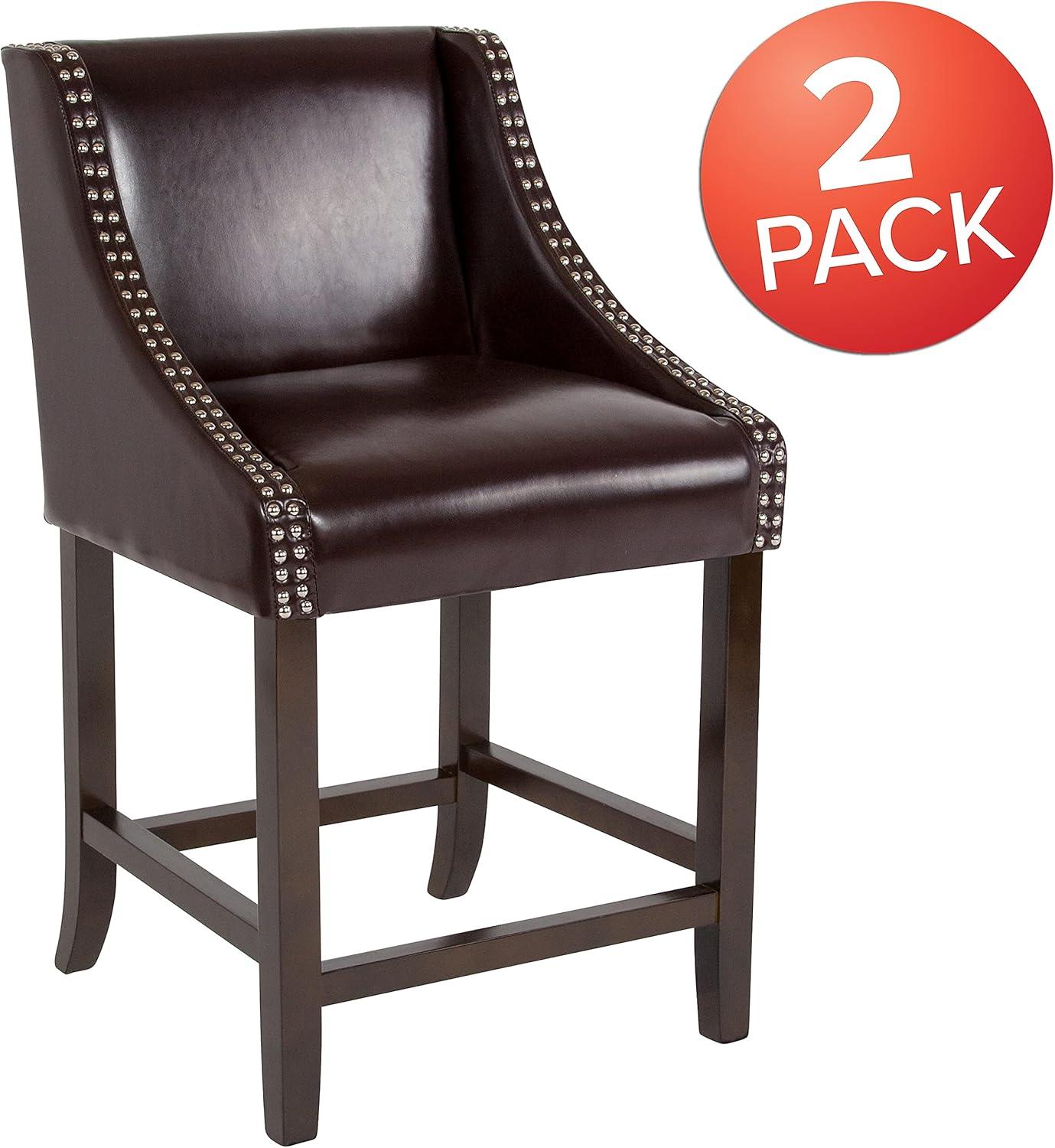 imageFlash Furniture Carmel Series 24quot High Transitional Walnut Counter Height Stool with Nail Trim in Dark Gray Fabric Set of 2Brown Leathersoft