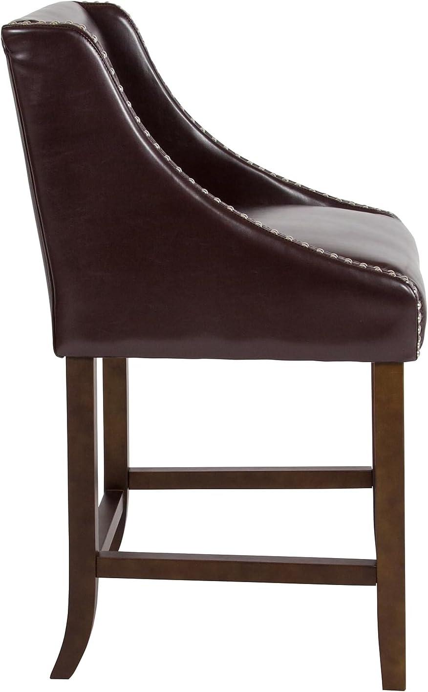 imageFlash Furniture Carmel Series 24quot High Transitional Walnut Counter Height Stool with Nail Trim in Dark Gray Fabric Set of 2Brown Leathersoft