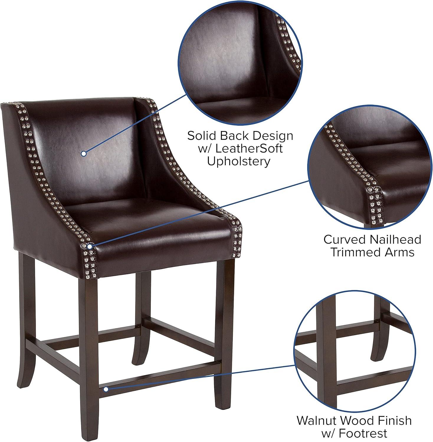 imageFlash Furniture Carmel Series 24quot High Transitional Walnut Counter Height Stool with Nail Trim in Dark Gray Fabric Set of 2Brown Leathersoft