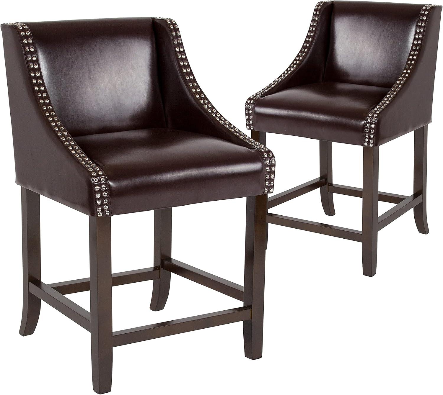 imageFlash Furniture Carmel Series 24quot High Transitional Walnut Counter Height Stool with Nail Trim in Dark Gray Fabric Set of 2Brown Leathersoft
