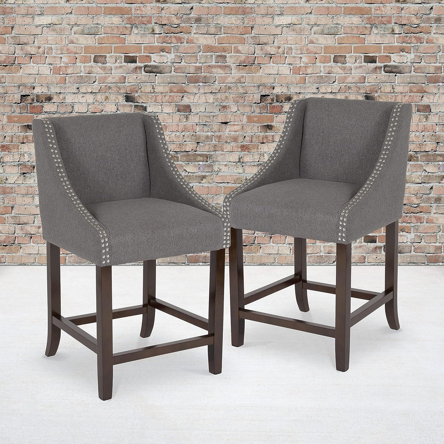 imageFlash Furniture Carmel Series 24quot High Transitional Walnut Counter Height Stool with Nail Trim in Dark Gray Fabric Set of 2Dark Gray Fabric