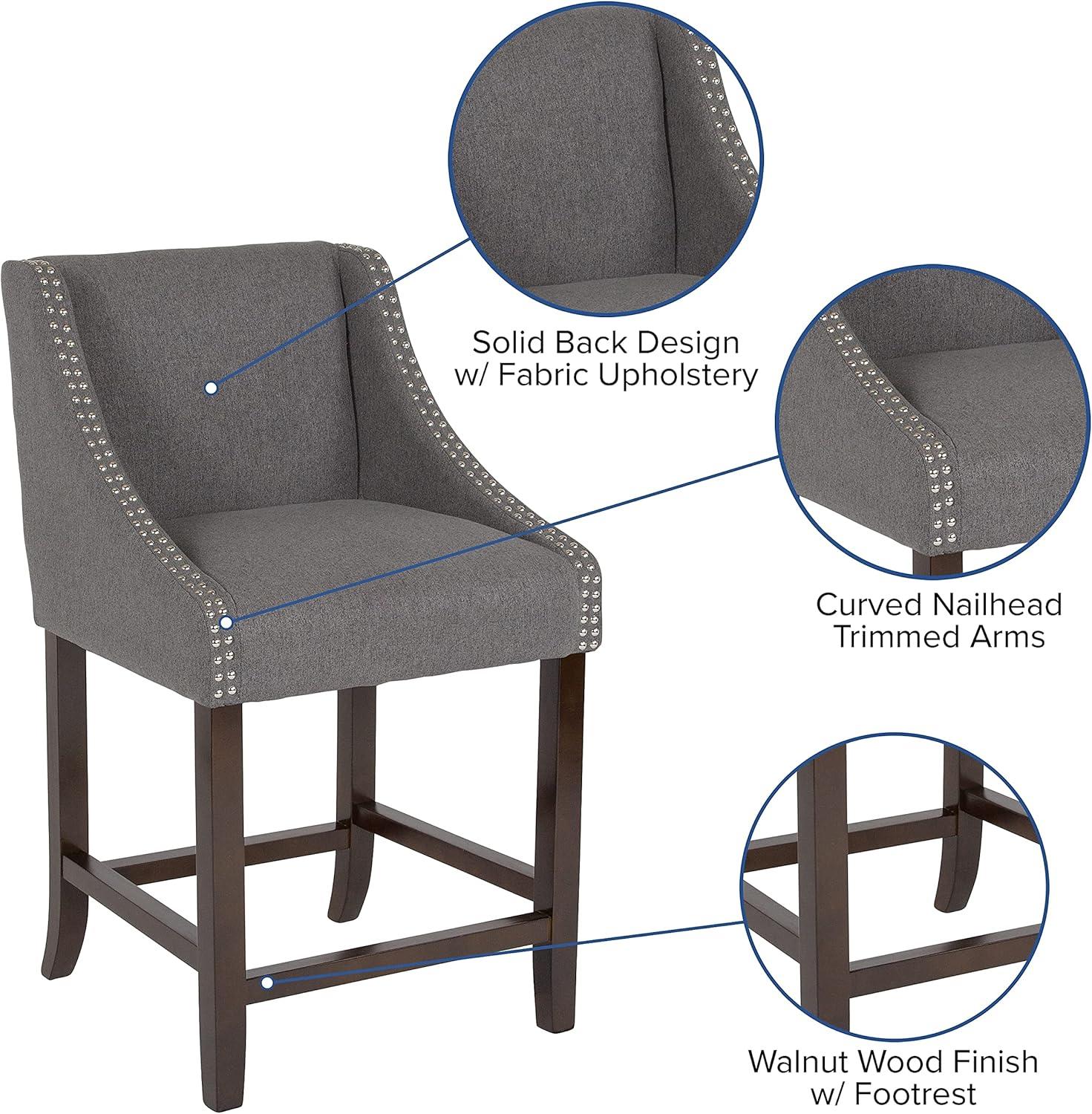 imageFlash Furniture Carmel Series 24quot High Transitional Walnut Counter Height Stool with Nail Trim in Dark Gray Fabric Set of 2Dark Gray Fabric