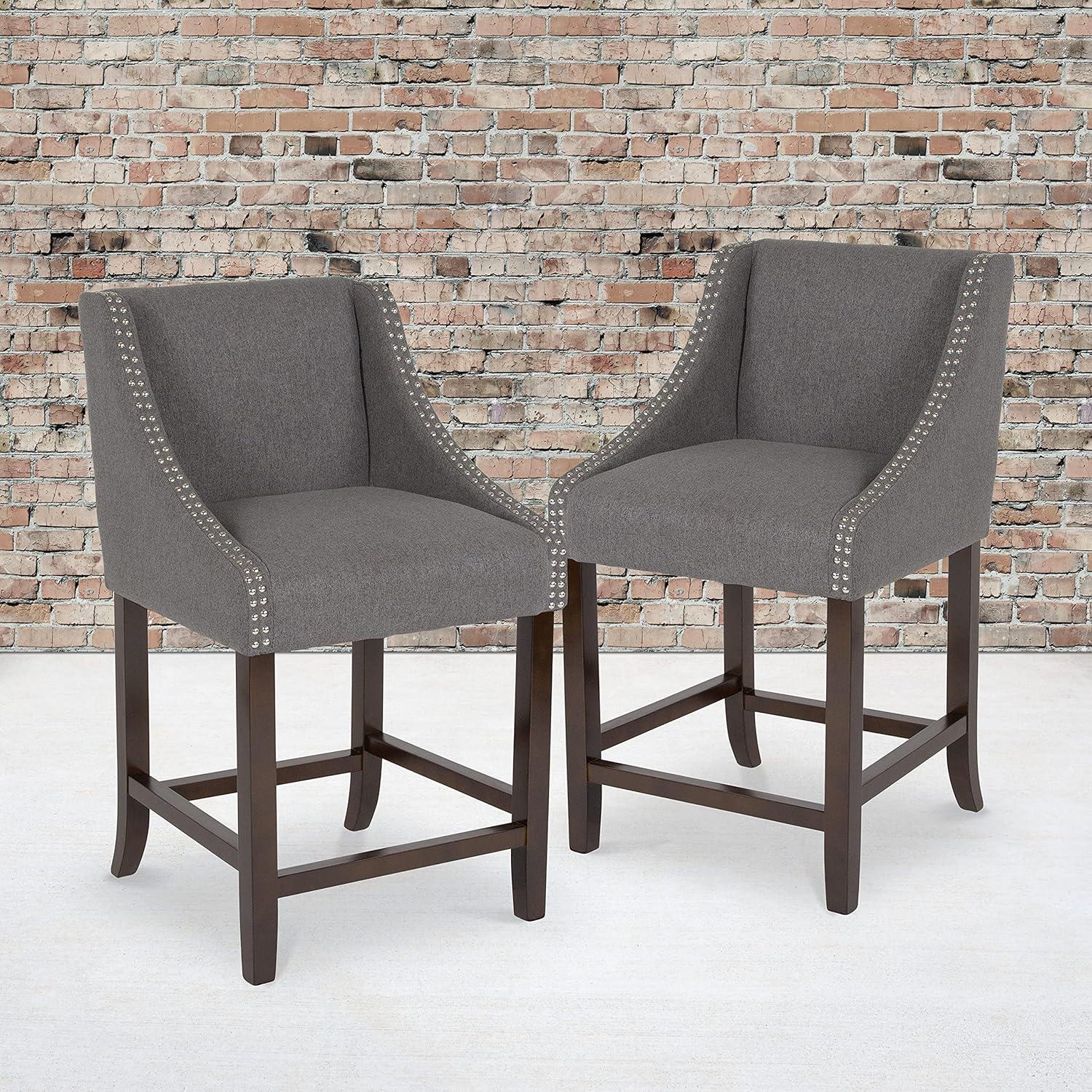 imageFlash Furniture Carmel Series 24quot High Transitional Walnut Counter Height Stool with Nail Trim in Dark Gray Fabric Set of 2Dark Gray Fabric
