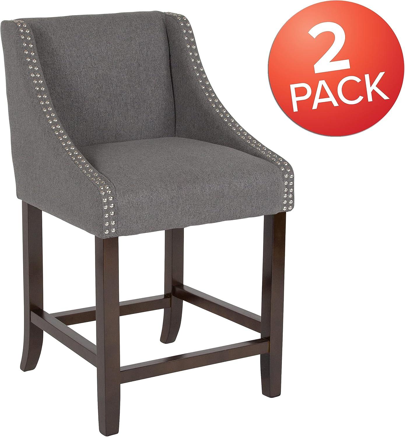 imageFlash Furniture Carmel Series 24quot High Transitional Walnut Counter Height Stool with Nail Trim in Dark Gray Fabric Set of 2Dark Gray Fabric