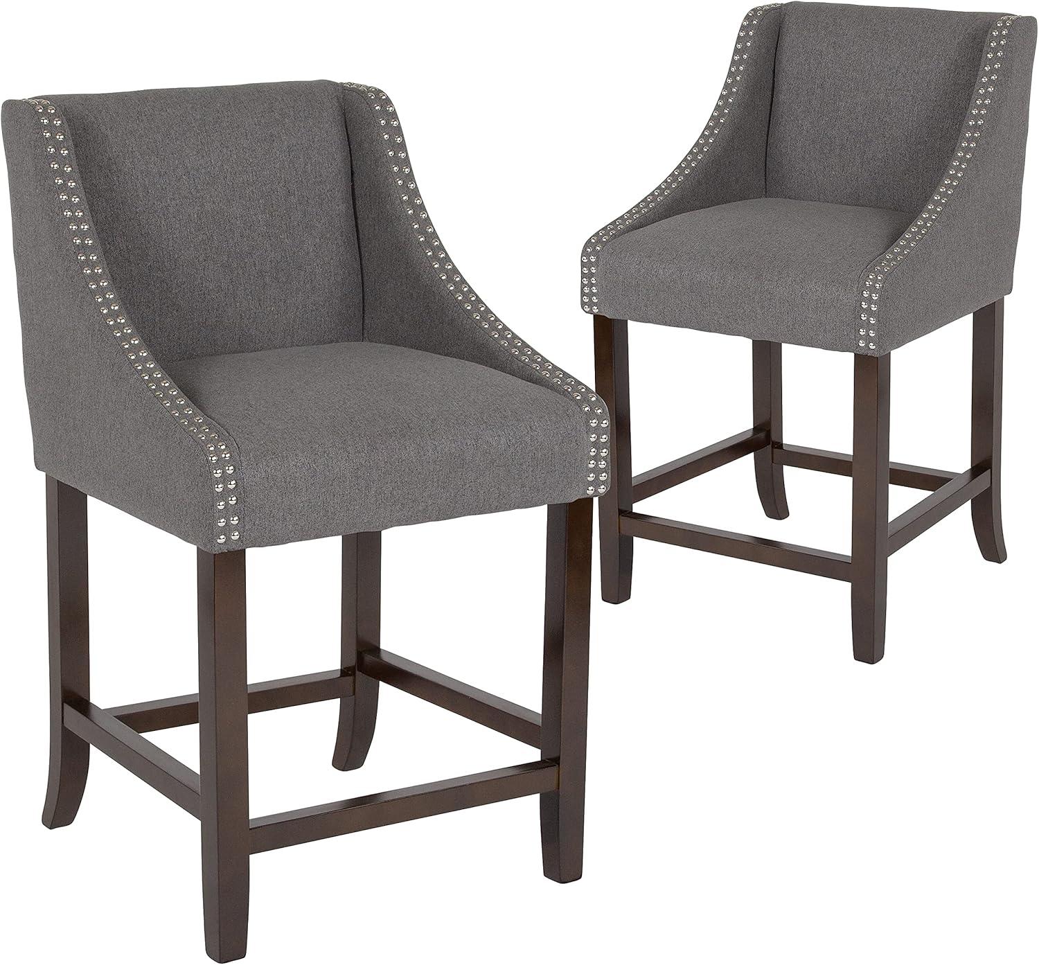 imageFlash Furniture Carmel Series 24quot High Transitional Walnut Counter Height Stool with Nail Trim in Dark Gray Fabric Set of 2Dark Gray Fabric