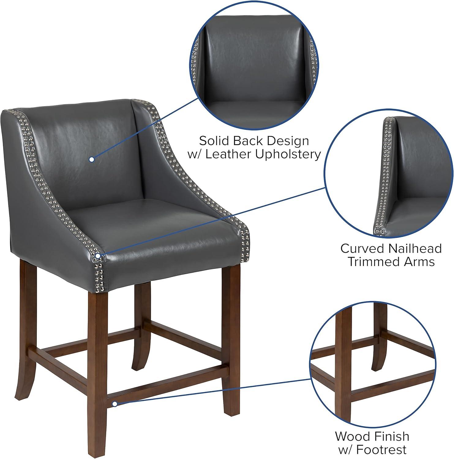 imageFlash Furniture Carmel Series 24quot High Transitional Walnut Counter Height Stool with Nail Trim in Dark Gray Fabric Set of 2Dark Gray Leathersoft